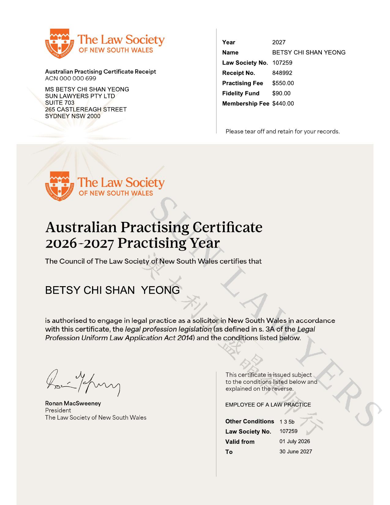Betsy Yeong, Australian Practising Certificate