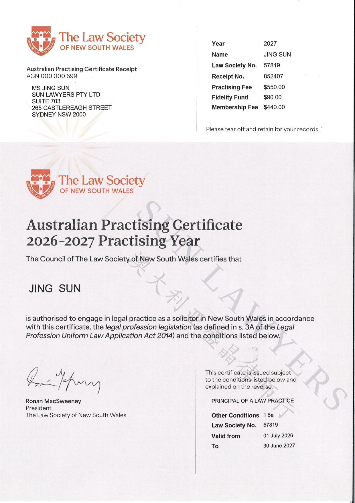 Jing Sun, Australian Practising Certificate
