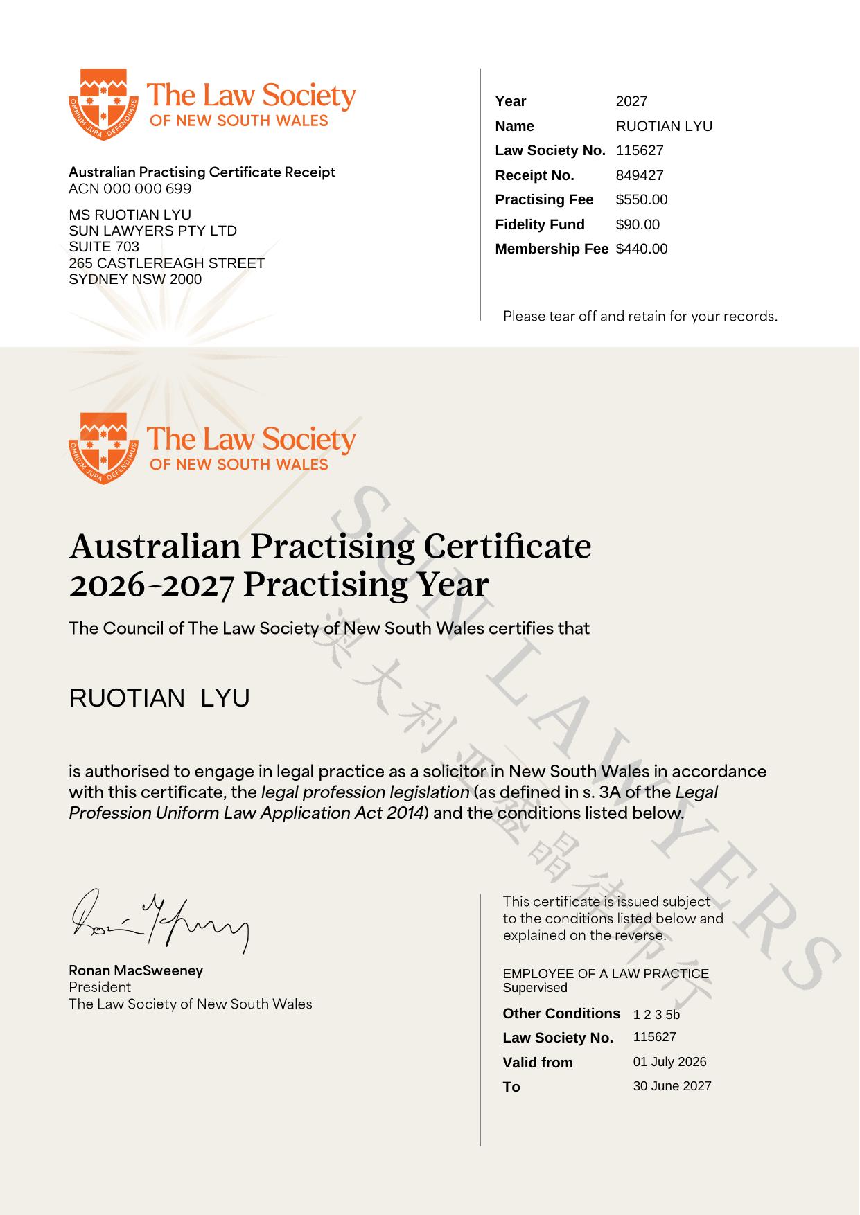 Tia Lyu, Australian Practising Certificate