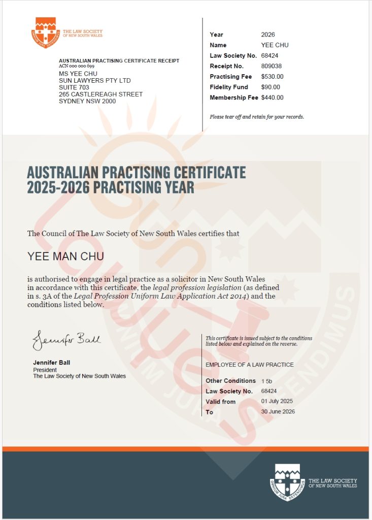 Yee Man Chu, Australian Practising Certificate